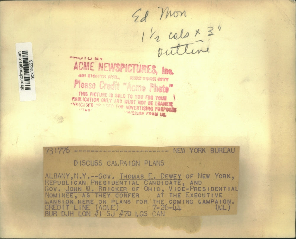 1944 Press Photo Governors Dewey, NY and Bricker, OH, discuss campaign plans