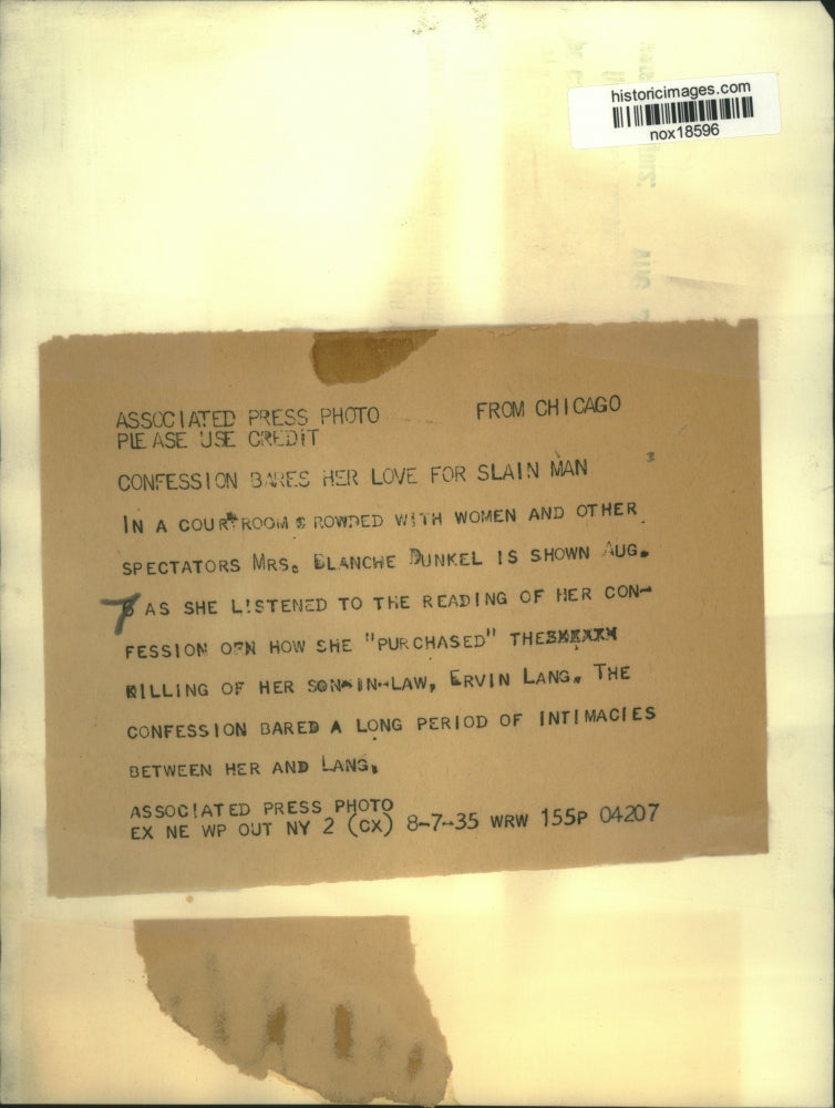 1935 Press Photo Mrs. Blanche Dunkel listens to confession of her "bought" kill.