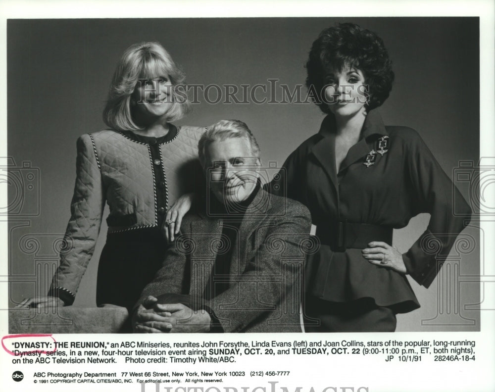 1991 Press Photo Forsyth, Linda Evans & Joan Collins in "Dynasty, the Reunion."