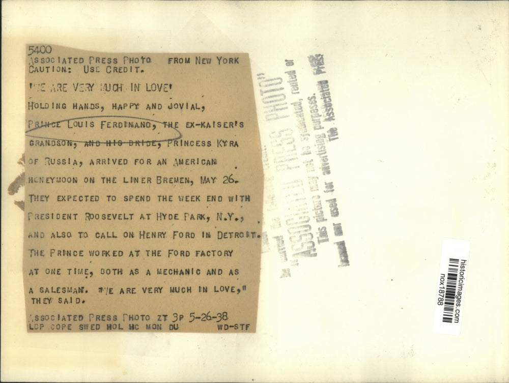 1938 Press Photo Prince Louis Ferdinand & Princess Kyra on their honeymoon