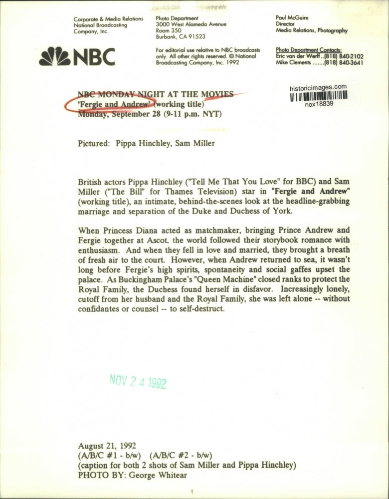 1992 Press Photo Pippa Hinchley & Sam Miller star in "Fergie and Andrew" on NBC