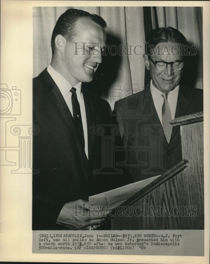 Load image into Gallery viewer, 1964 Press Photo A. J. Foyt Receives Winner's Check from Anton Hulman Jr.
