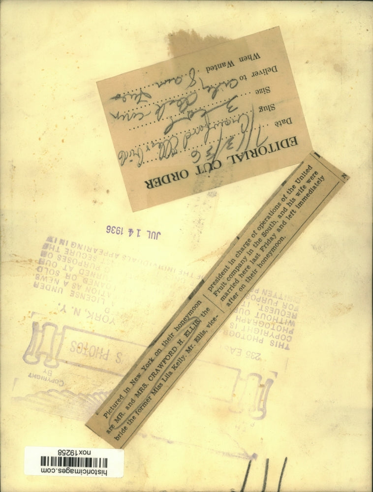 1936 Press Photo Mr. & Mrs. Crawford Ellis in New York on their honeymoon.