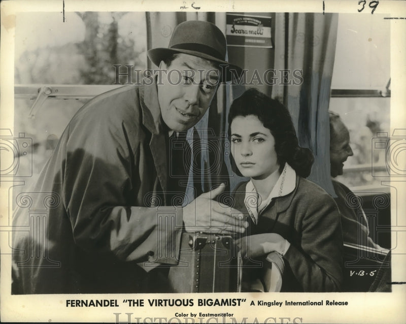Load image into Gallery viewer, 1960 Press Photo Fernandel &amp; Guilia Rubini in "The Virtyous Bigamist"
