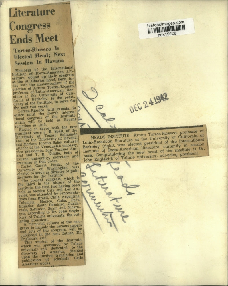 1942 Press Photo Dr. John Englekirk congratulates Torres-Rioseco on his election