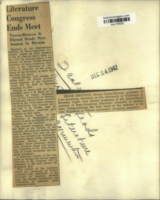 1942 Press Photo Dr. John Englekirk congratulates Torres-Rioseco on his election