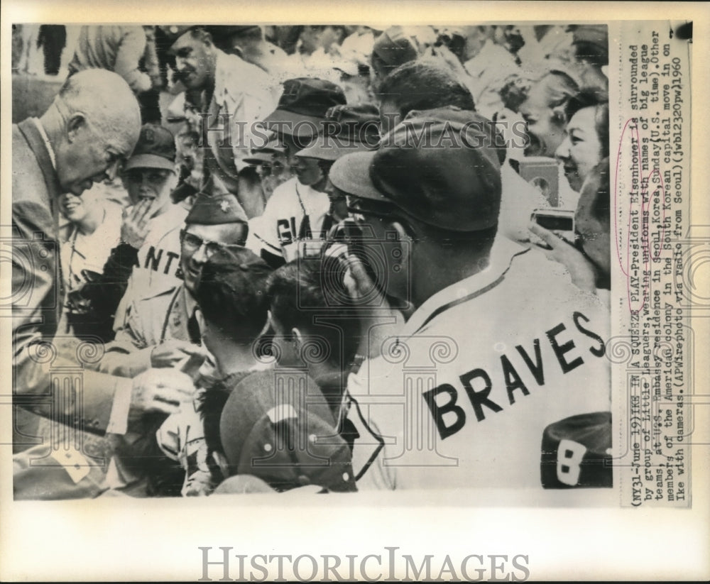 1960 Press Photo President Eisenhower surrounded by Little Leaguers in Seoul- Historic Images