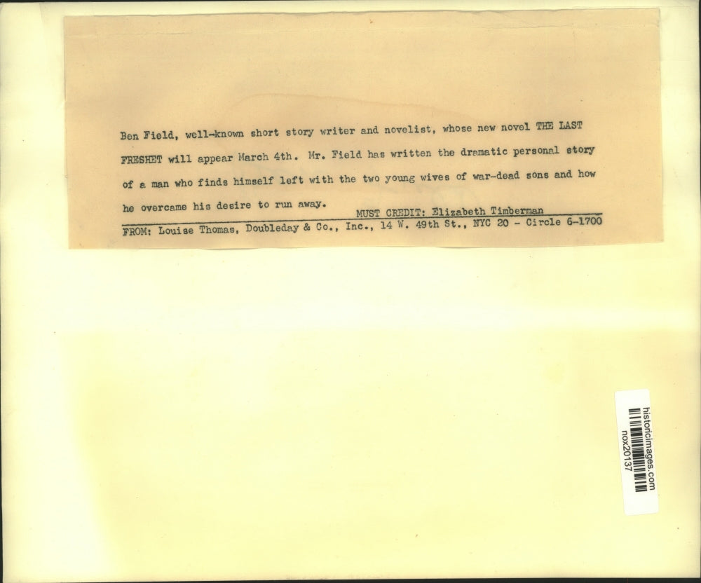 Press Photo Novelist Ben Field's The Last Freshet - nox20137