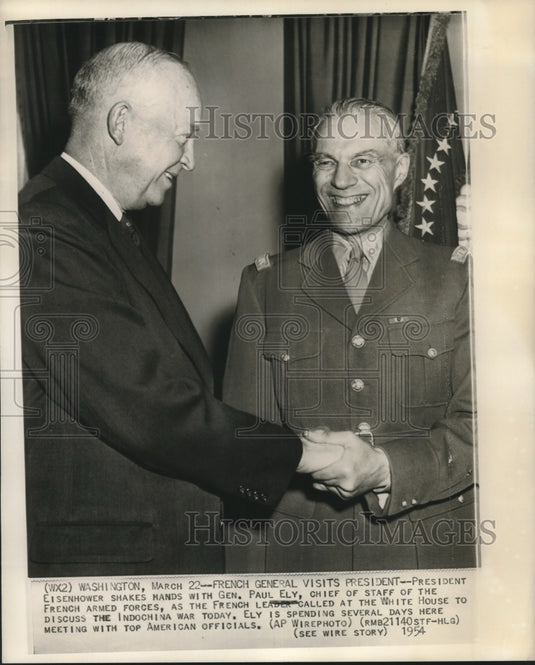 1954 Press Photo French General Paul Ely & President Eisenhower shake hands