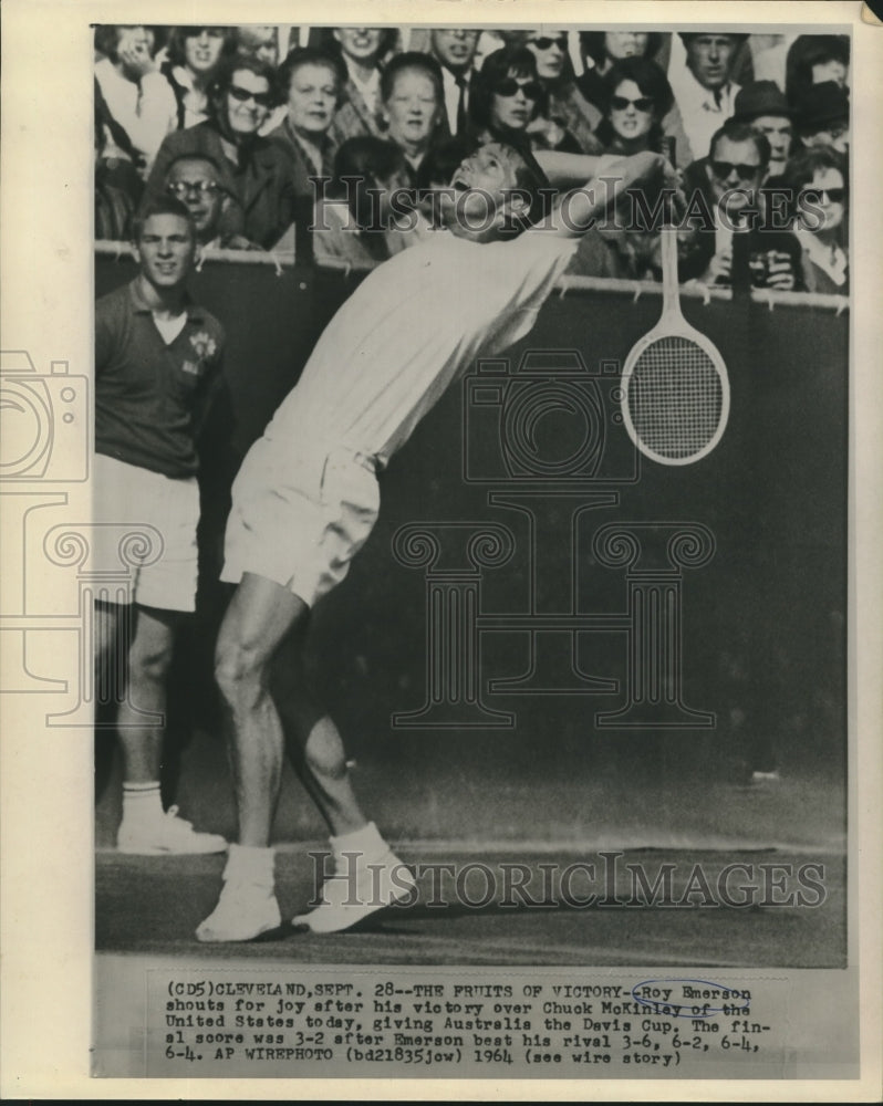 Load image into Gallery viewer, 1964 Press Photo Tennis player Roy Emerson jumps for joy over victory
