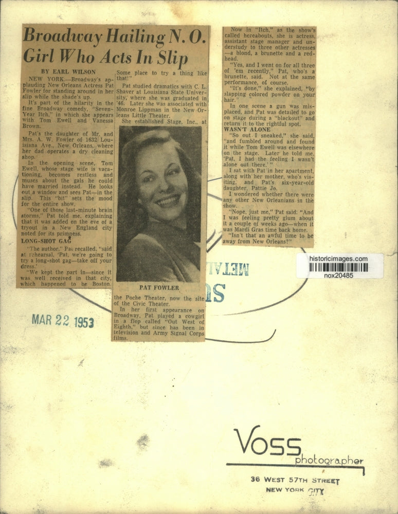 1953 Press Photo Broadway-New Orleans girl, Pat Fowler in "Seven-Year Itch"