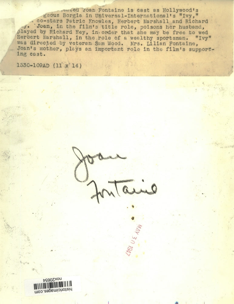 1947 Press Photo Joan Fontaine stars in Universal-International's "Ivy."