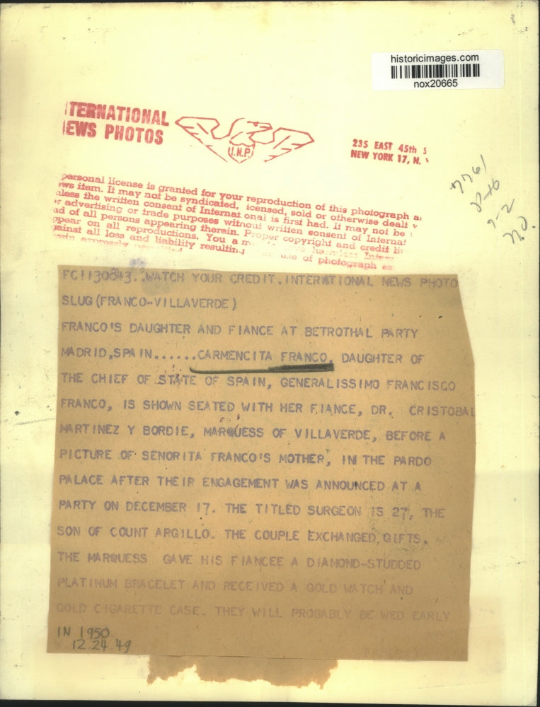 1949 Press Photo Carmencita Franco & fiancee Cristobal Y Bordie in Prado Palace