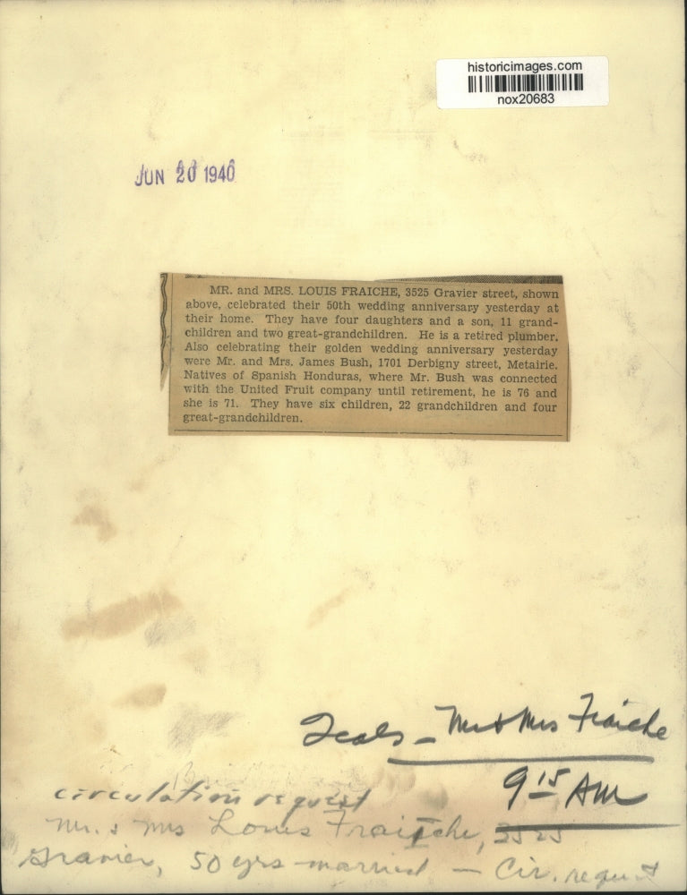1940 Press Photo Mr. & Mrs. Louis Fraiche celebrate 50th wedding anniversary