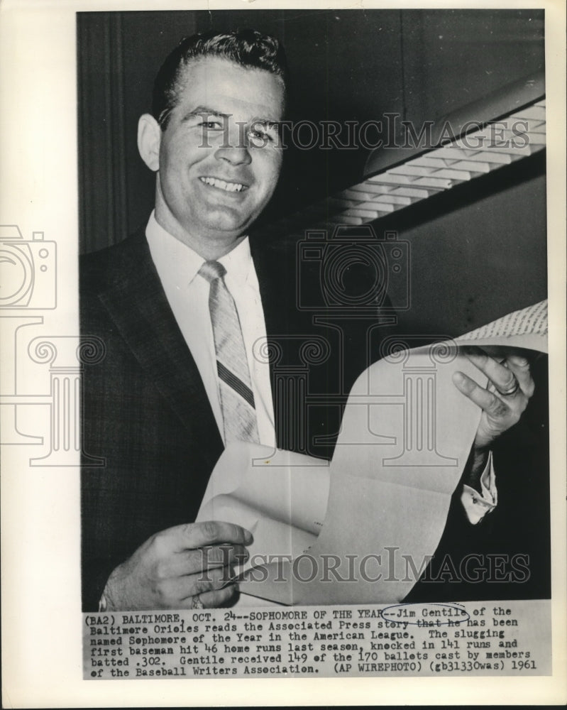 1961 Press Photo Jim Gentile, Baltimore Orieles, reads AP story - nox20879