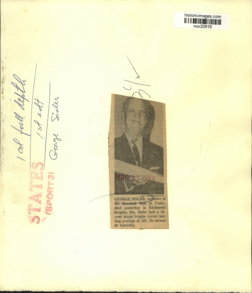 1973 Press Photo George Sisler, member of Baseball Hall of Fame - nox20919