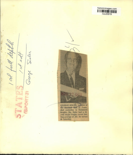 1973 Press Photo George Sisler, member of Baseball Hall of Fame - nox20919