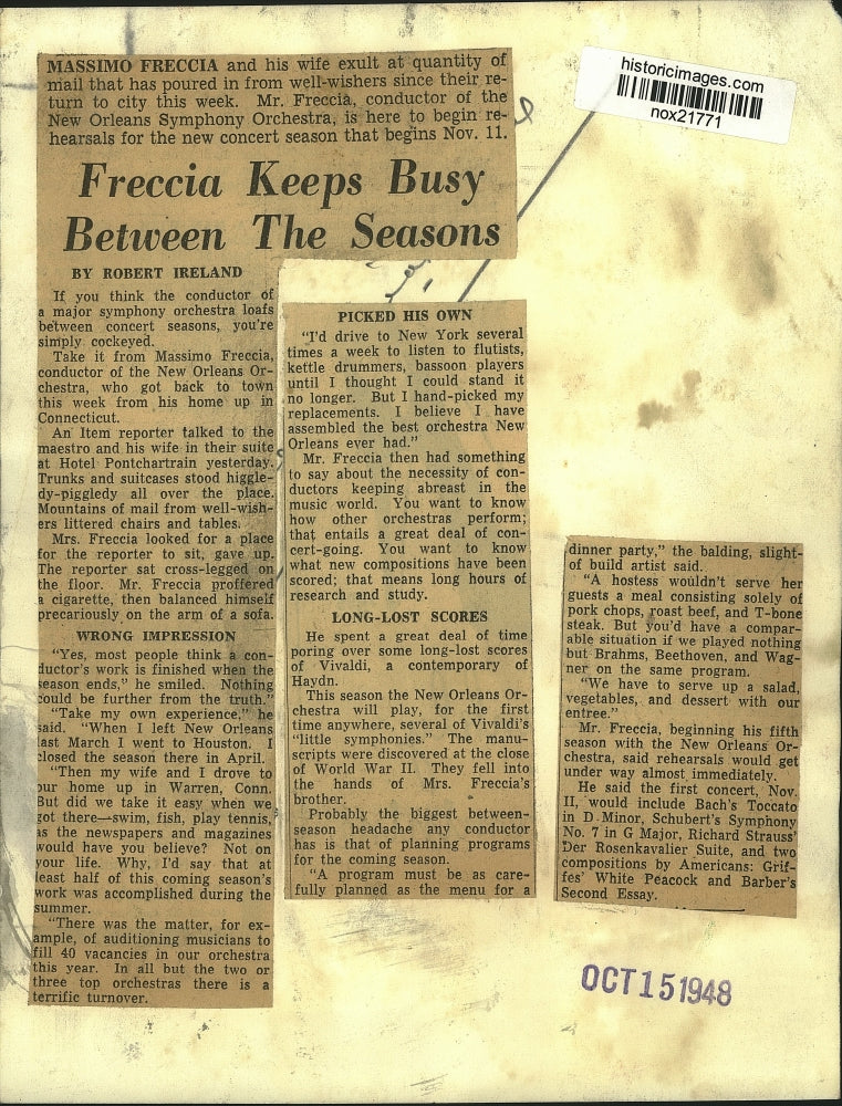 1948 Press Photo New Orleans Symphony Orchestra's Massimo Freccia & wife