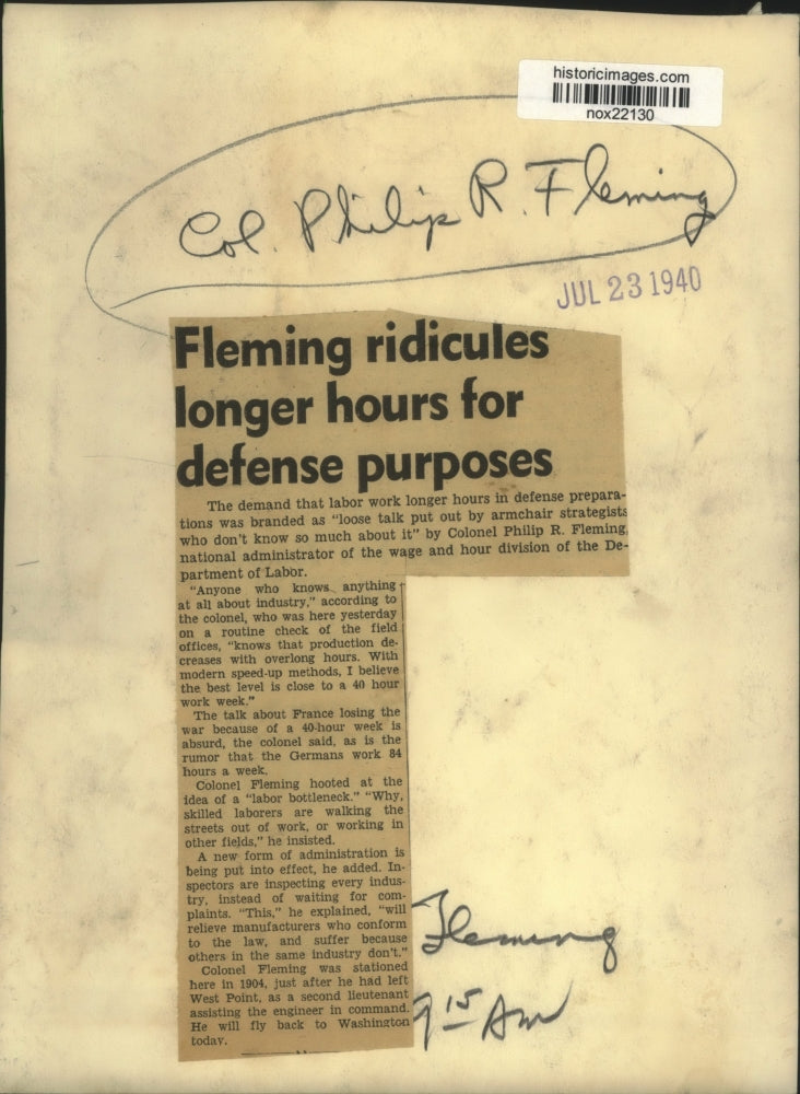 1940 Press Photo Colonel Philip R. Fleming, National Administrator of Wage