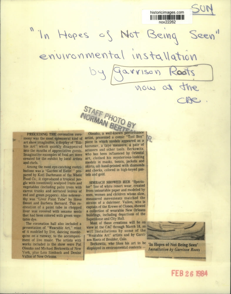 1984 Press Photo Garrison Roots creation of &#39;In Hopes of Not Being Seen&#39; at CAC
