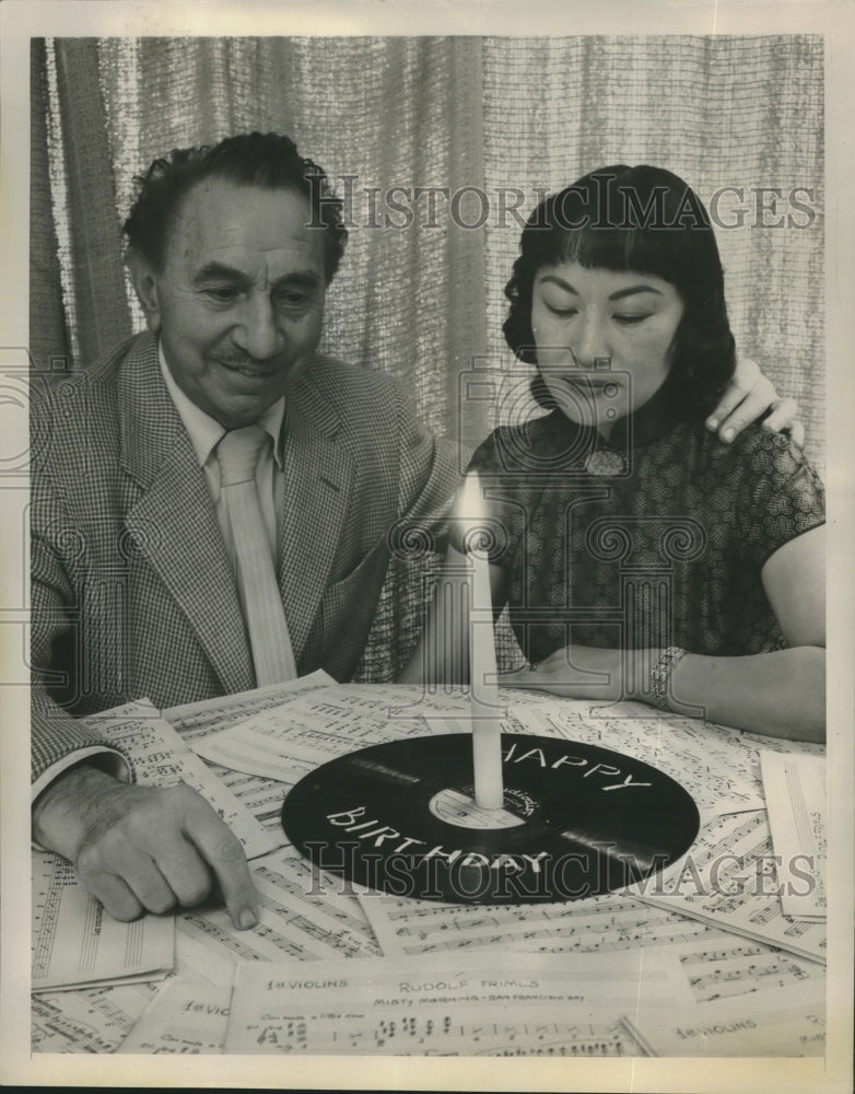 1953 Press Photo Rudolph Frimil, Composer on 69th Birthday with wife, Kay