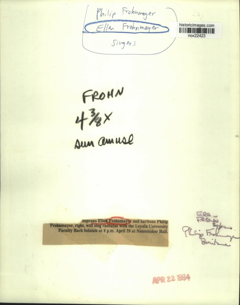 1984 Press Photo Soprano Ellen Frohnmayer and baritone Philip Frohnmayer