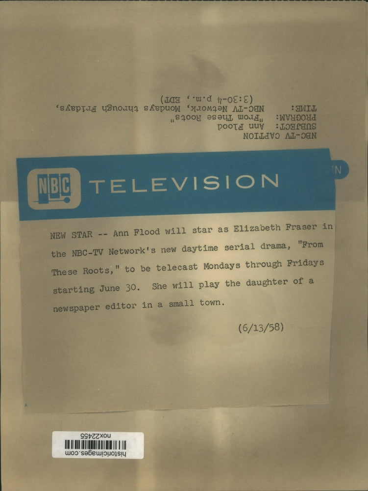 Load image into Gallery viewer, 1958 Press Photo Ann Flood as Elizabeth Fraser in the NBC-TV, From These Roots

