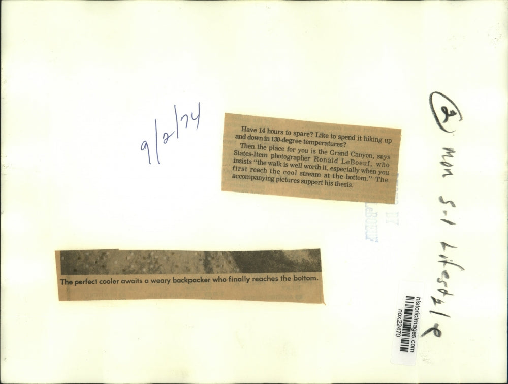 1974 Press Photo Man underneath waterfall at the bottom of the Grand Canyon