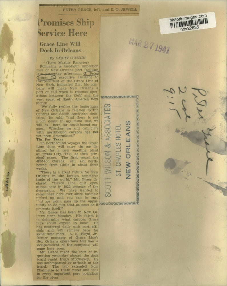1941 Press Photo J. Peter Grace, Jr and E. O. Jewell at New Orleans Boat Dock