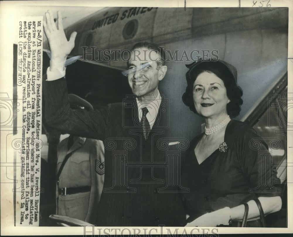 1951 Press Photo Presidential Adviser and Mrs. W. Averell Harriman at Airport