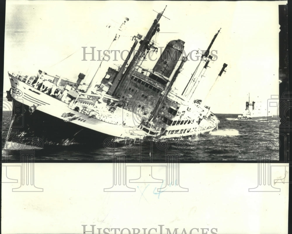 1973 Press Photo Greek freighter Eurygenes wallows in calm sea in Halifax