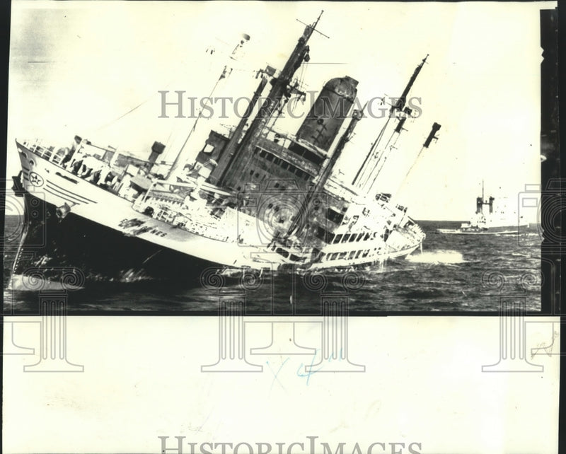 Load image into Gallery viewer, 1973 Press Photo Greek freighter Eurygenes wallows in calm sea in Halifax
