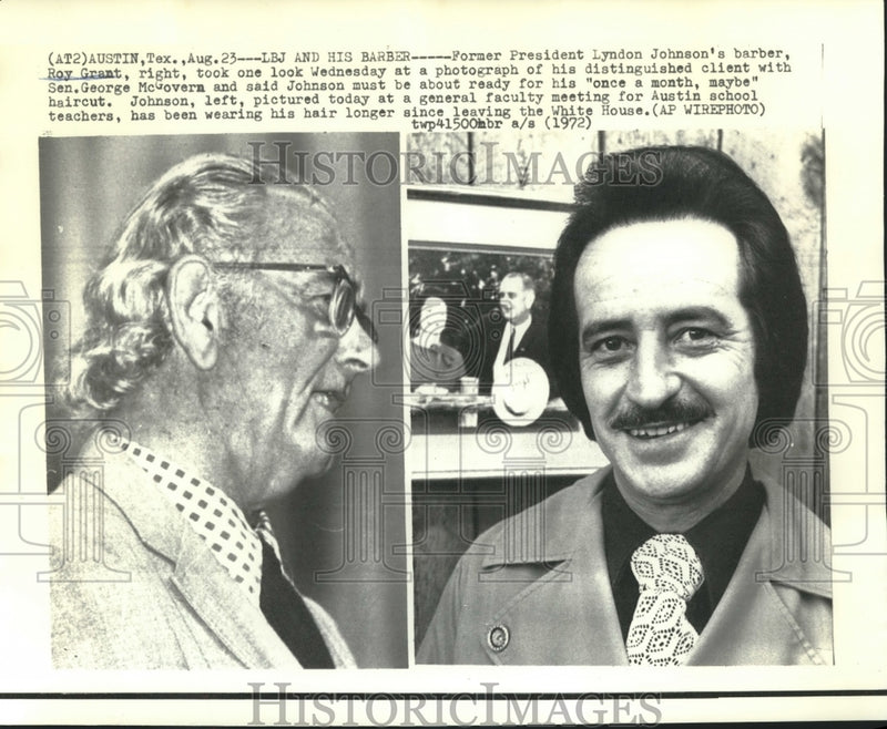 Load image into Gallery viewer, 1972 Press Photo Former President Johnson &amp; His Barber Roy Grant - nox22903
