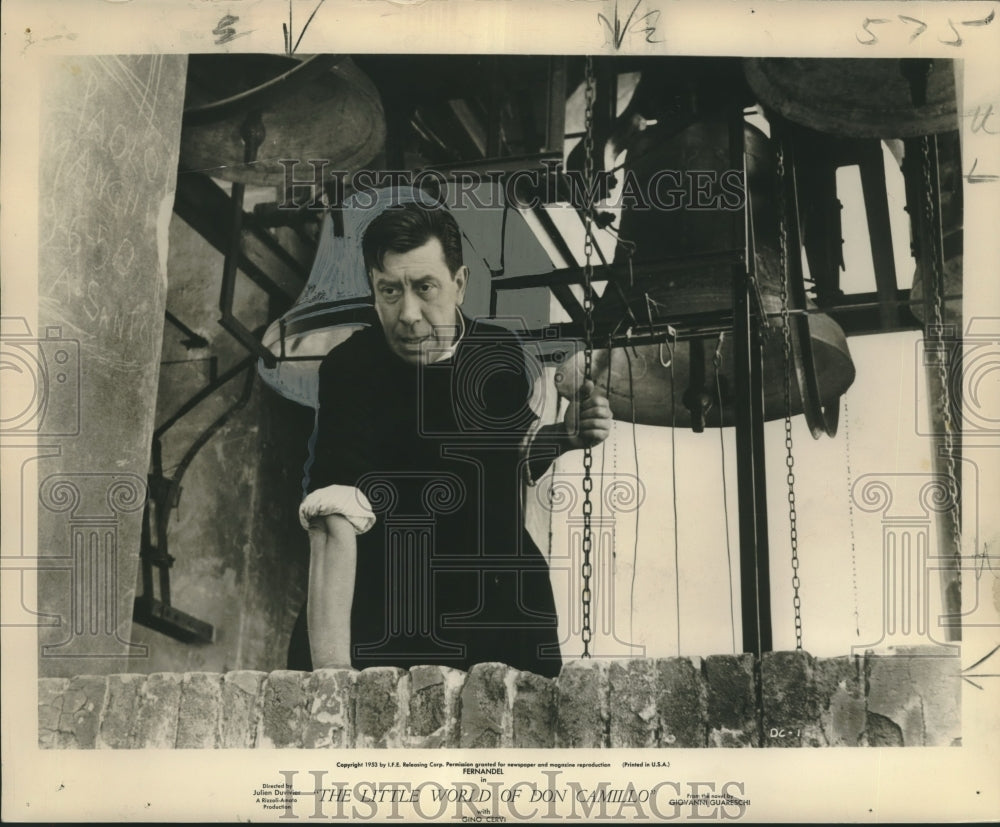 1953 Press Photo French Actor/Comedian Fernandel in Belfry - nox22905