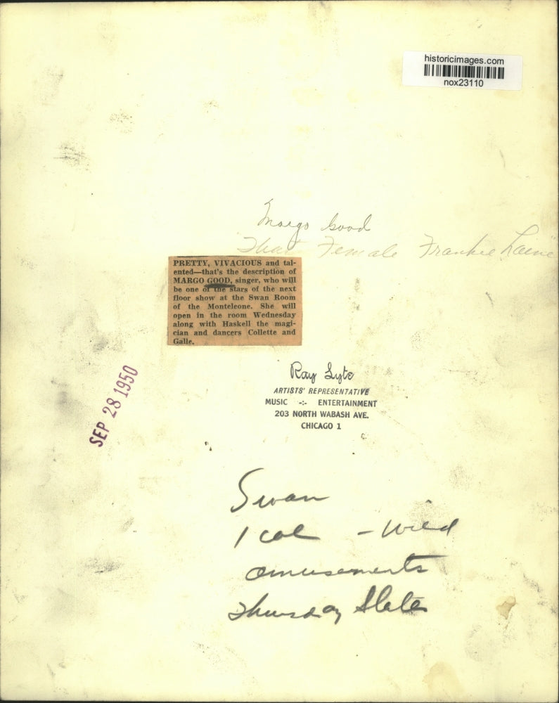 1950 Press Photo Singer Margo Good - nox23110