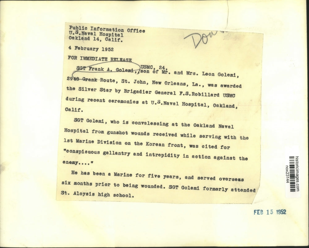 1952 Press Photo Sergeant Frank A. Golemi awarded Silver Star by F. S. Robillard