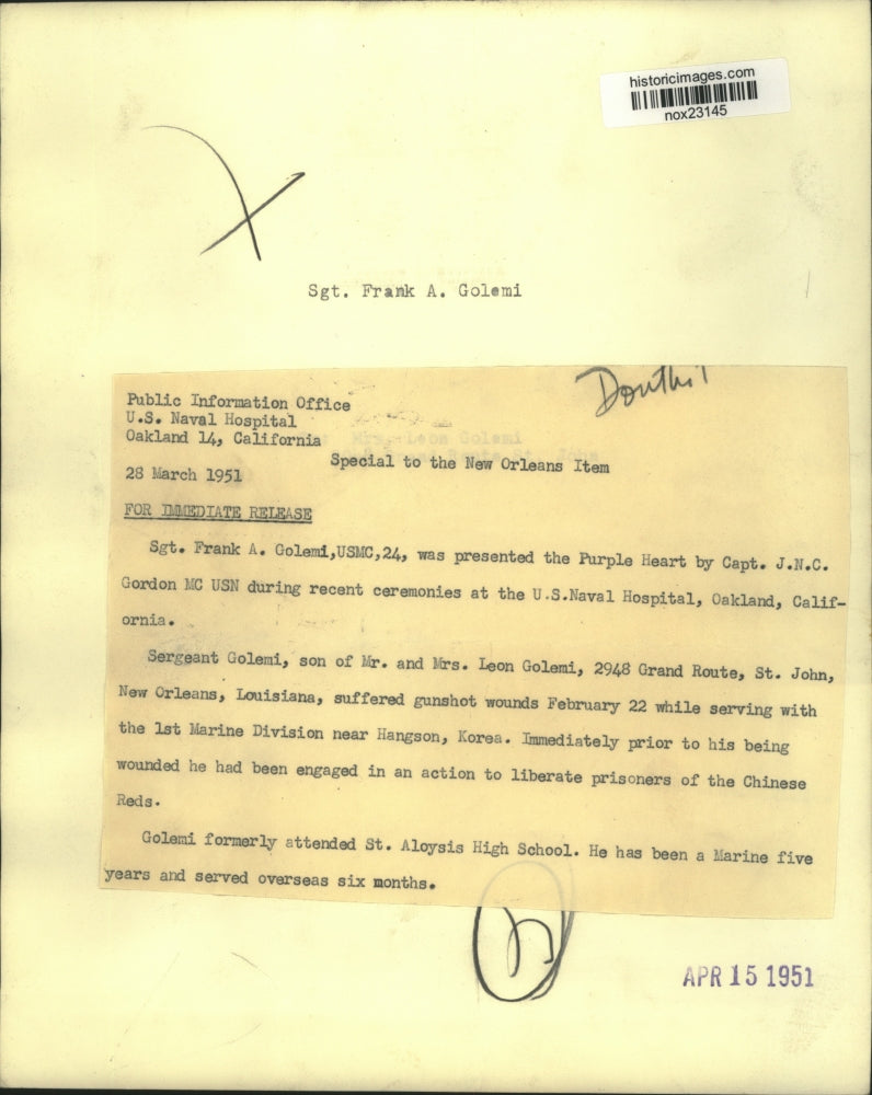 1951 Press Photo Sergeant Frank A. Golemi presented Purple Heart by Captain