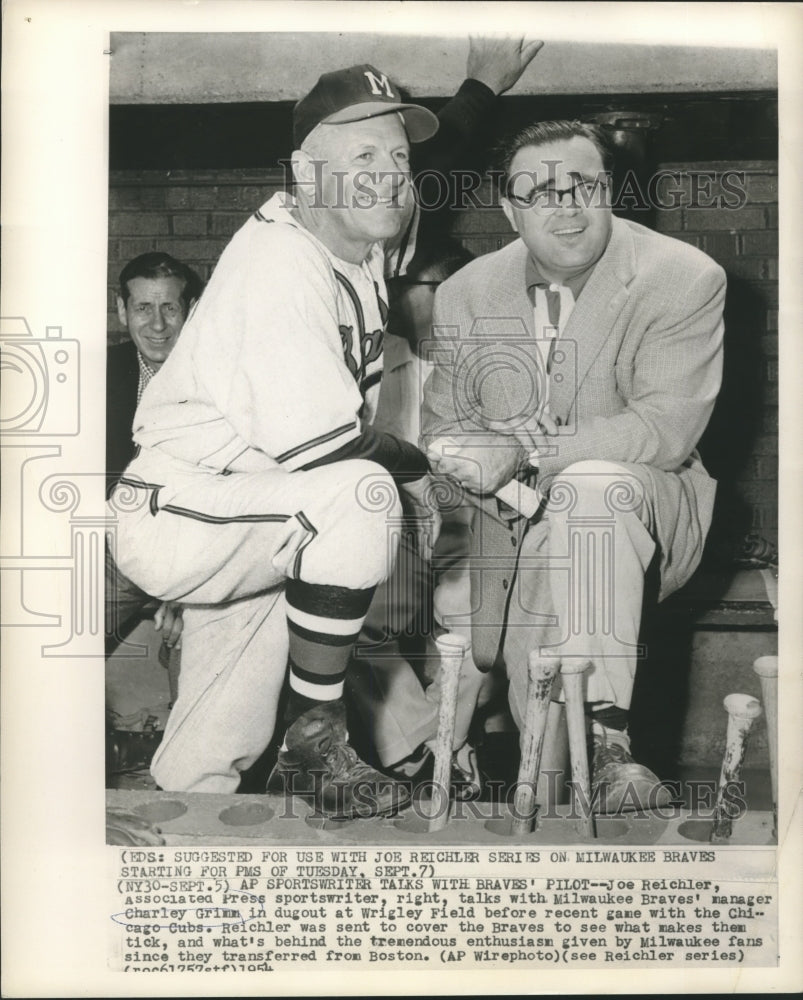 1954 Press Photo Sportswriter Joe Reichler talks with Charley Grimm - nox23166