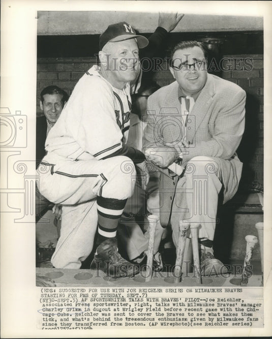 1954 Press Photo Sportswriter Joe Reichler talks with Charley Grimm - nox23166