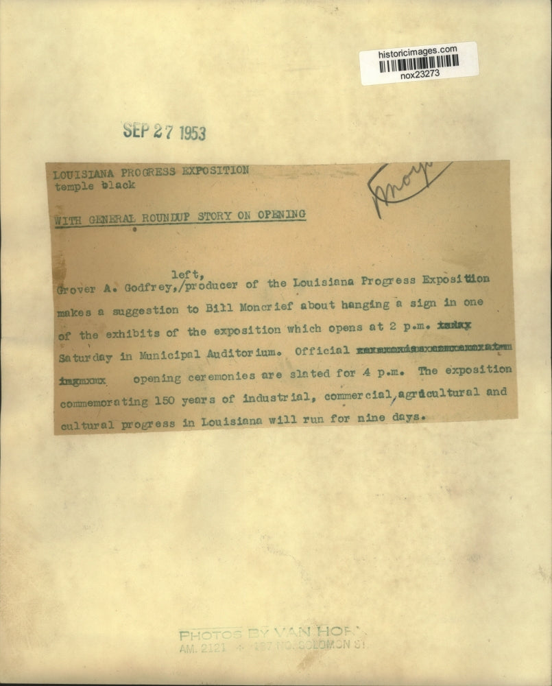 1953 Press Photo Grover A. Godfrey and Bill Moncrief at Louisiana Exposition