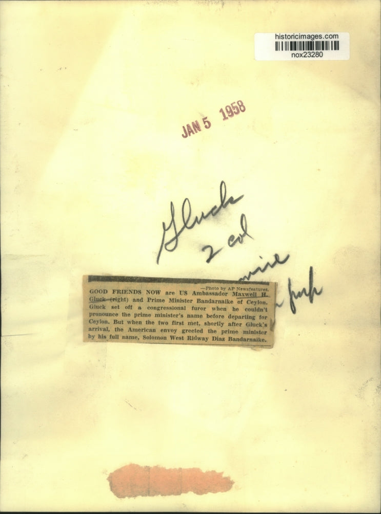 1958 Press Photo Ambassador Maxwell H. Gluck and Prime Minister Bandarnaike