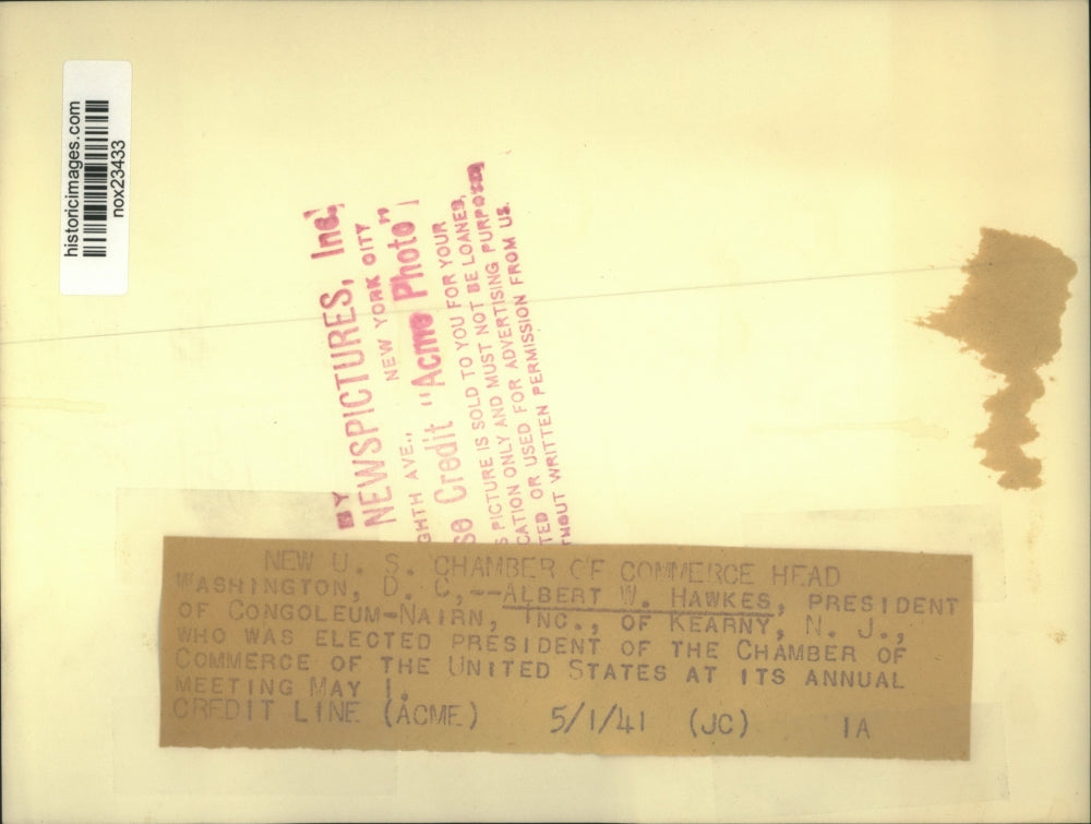 1941 Press Photo Albert W. Hawkes, president of Congoleum-Nairn, Inc.