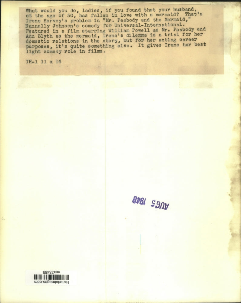 1948 Press Photo Actress Irene Hervey in Mrs. Peabody and the Mermaid movie