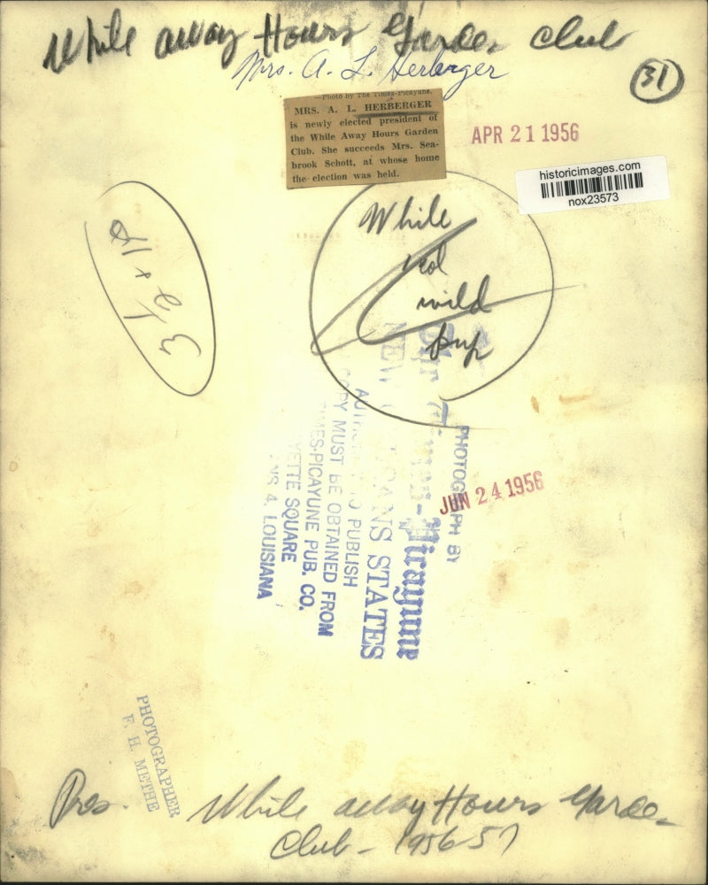 1956 Press Photo Mrs. A. L. Herberger, While Away Hours Garden Club President