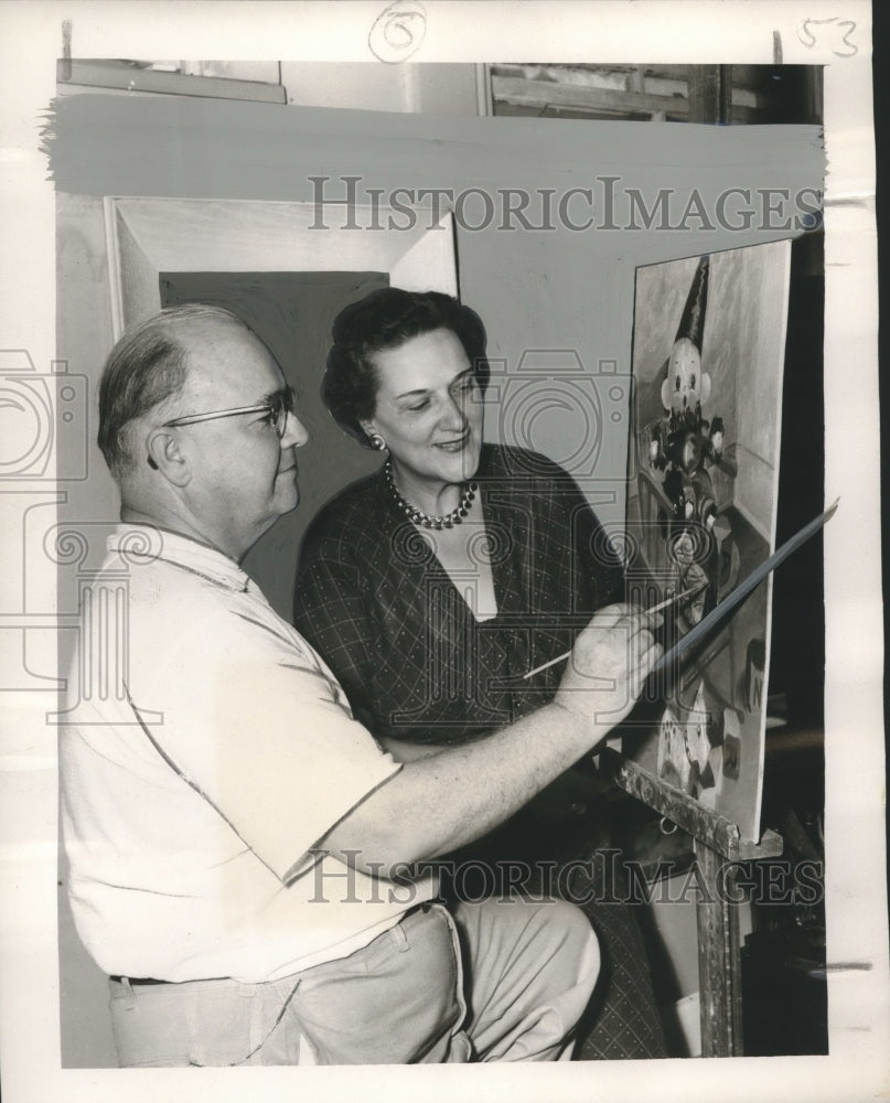 1955 Press Photo Harry Hereford gets painting lesson from Mrs. John C. Moulin- Historic Images