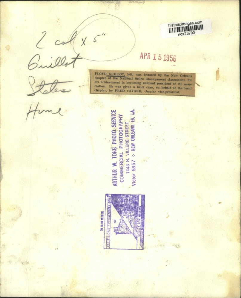 1956 Press Photo Floyd Guillot honored by Fred Cayard at New Orleans Event