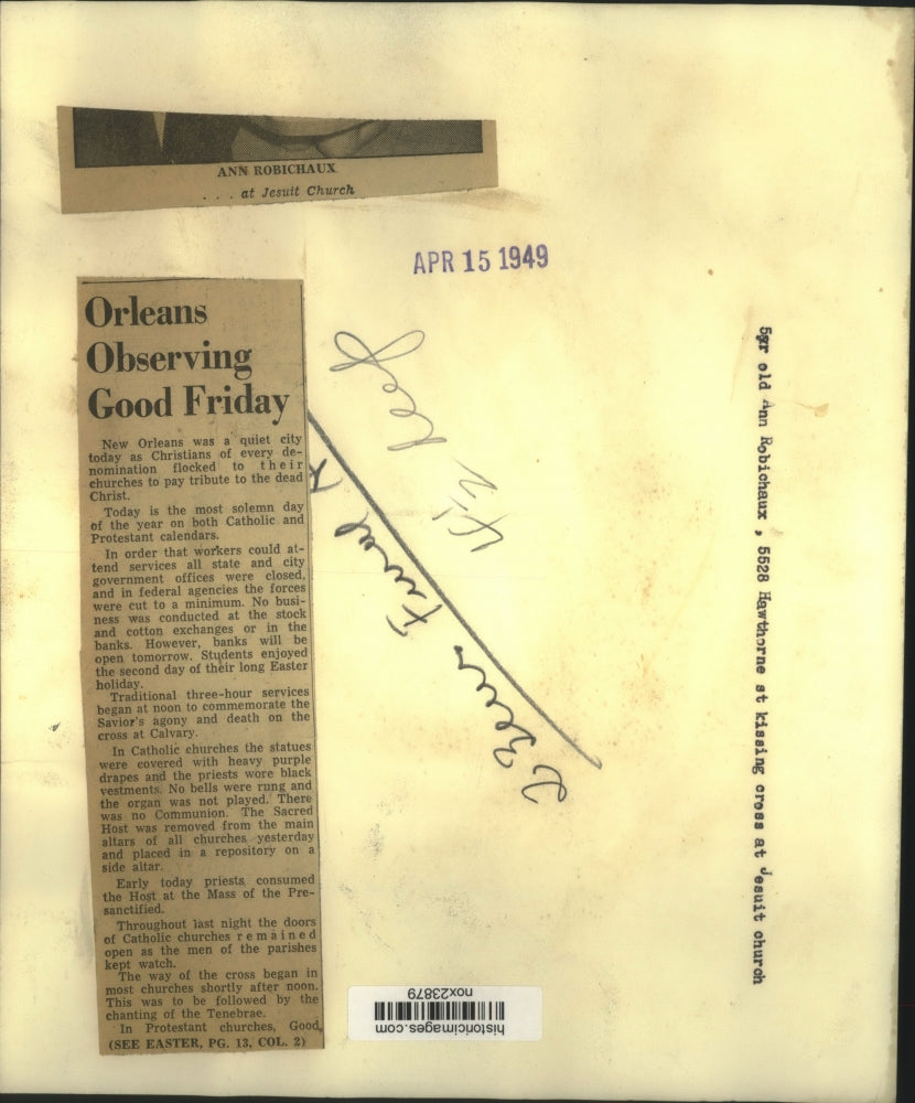 1949 Press Photo Ann Robichaux at Jesuit Church in New Orleans, Louisiana