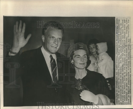 1959 Press Photo Evangelist Reverend Billy Graham & Wife Arrive in London