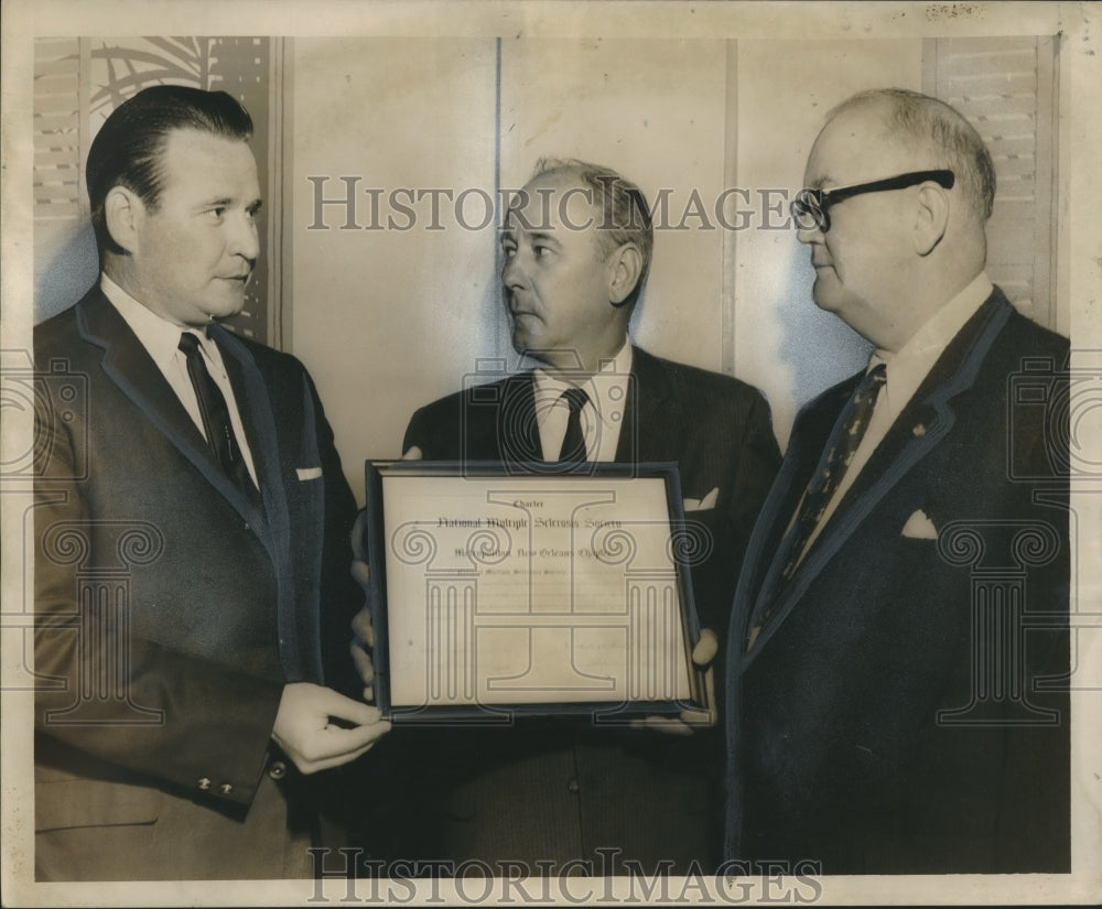 1958 Press Photo Three Men with the Multiple Sclerosis Society charter at event