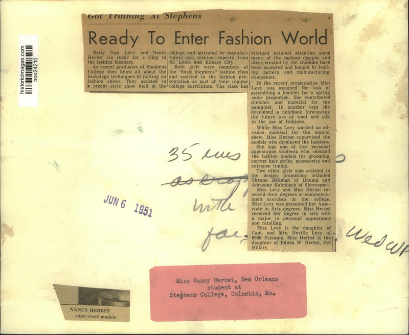 Load image into Gallery viewer, 1951 Press Photo Nancy Herbst, Stephens College Graduate with Fashion Line
